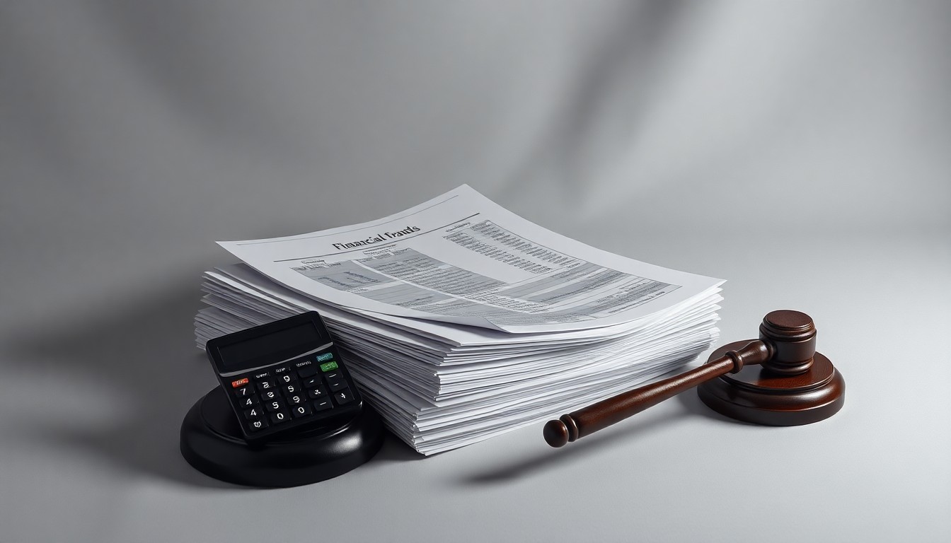 A photorealistic studio still life featuring a stack of financial reports, a calculator, and a gavel, symbolizing the pursuit of corporate accountability through shareholder litigation.