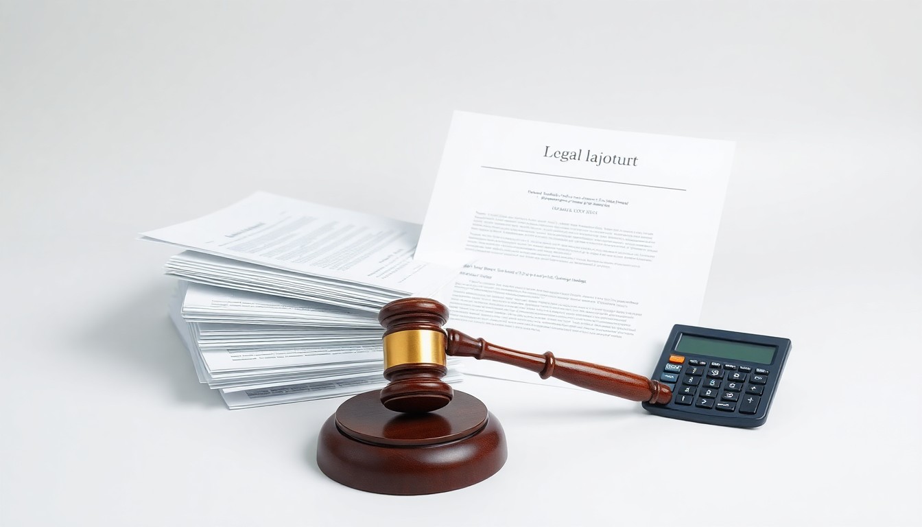 A photorealistic studio still-life featuring a stack of legal documents, a gavel, and a calculator on a clean, monochromatic background, conceptually representing the abstract ideas of corporate governance, financial oversight, and legal accountability.