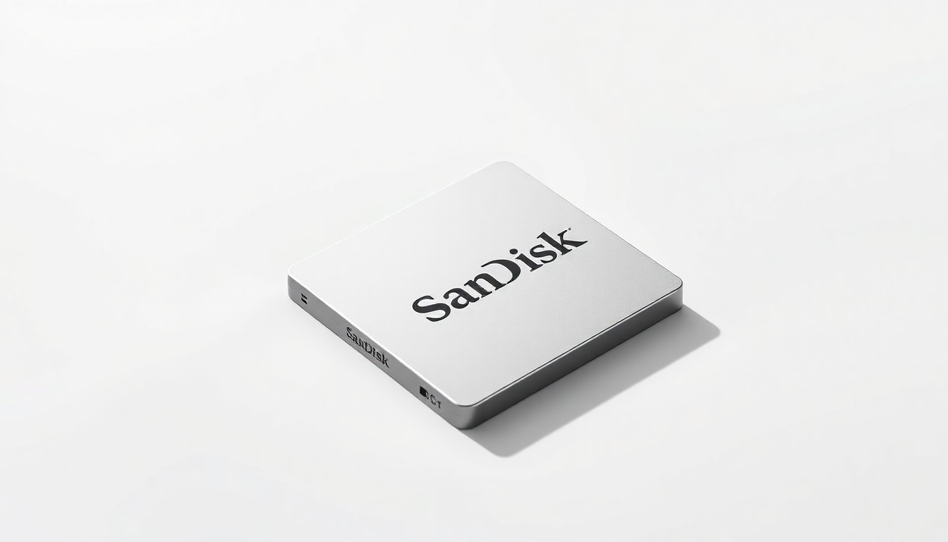 A highly detailed, photorealistic studio photograph of a silver SanDisk solid-state drive resting on a clean, white background, conceptually representing the company's financial performance and position in the technology market.