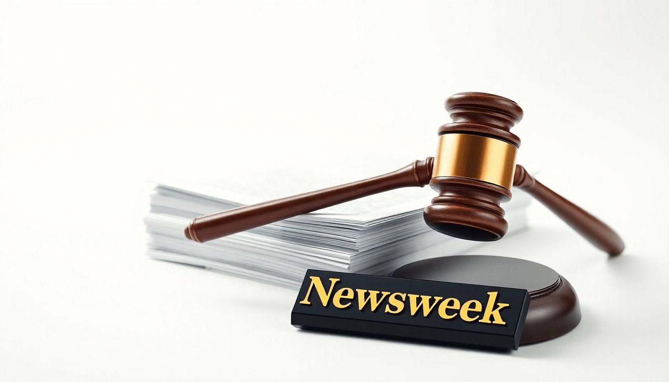 A high-end, photorealistic studio still-life photograph featuring a stack of legal documents, a gavel, and a nameplate with 'Newsweek' engraved on it, arranged elegantly on a clean, monochromatic background with sharp, dramatic lighting and deep shadows, conceptually representing the legal battles surrounding Newsweek's ownership.