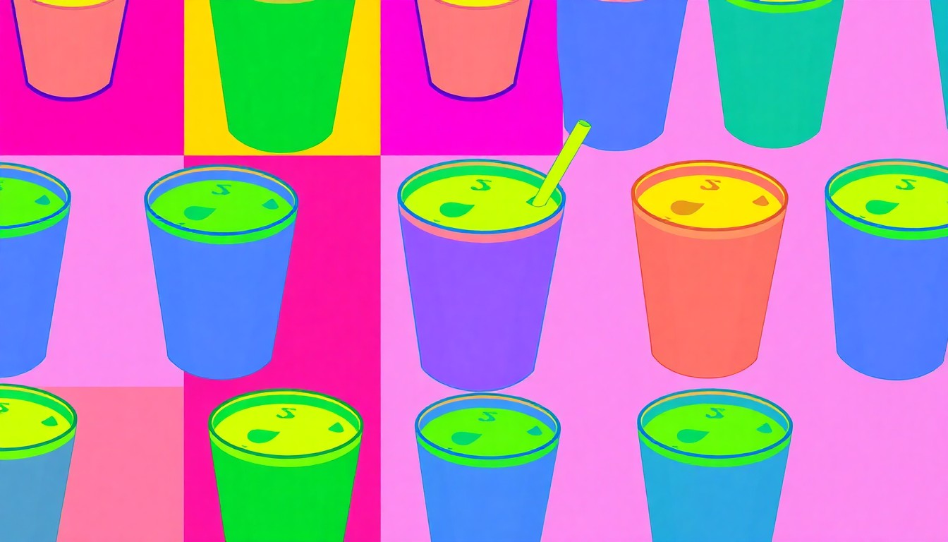 A vibrant, high-contrast silkscreen print of a single matcha drink item repeated in a grid pattern, utilizing bold neon colors and heavy black outlines to transform the everyday into modern pop art.