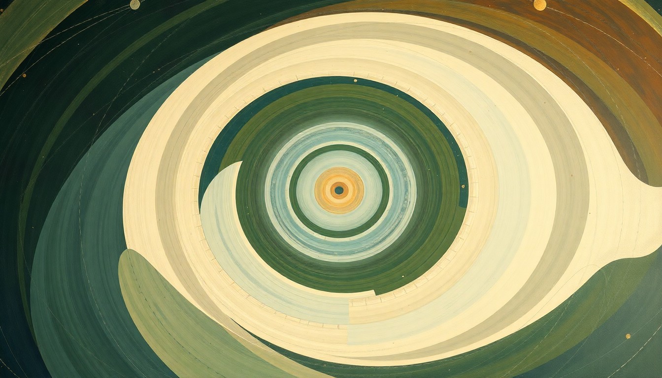 A highly structured abstract painting in soft, earthy tones of green, blue, and brown, featuring sweeping geometric arcs, concentric planetary circles, and precise botanical spirals, conceptually representing the complex scientific forces behind the slowing of Earth's rotation due to climate change.
