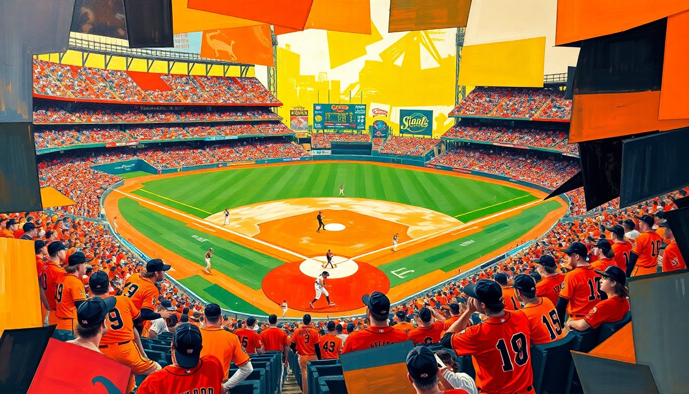 A cubist-style painting depicting a baseball game broken down into sharp, overlapping geometric shapes and planes in the Giants' orange and black colors, capturing the team's fragmented and ineffective offense to start the season.