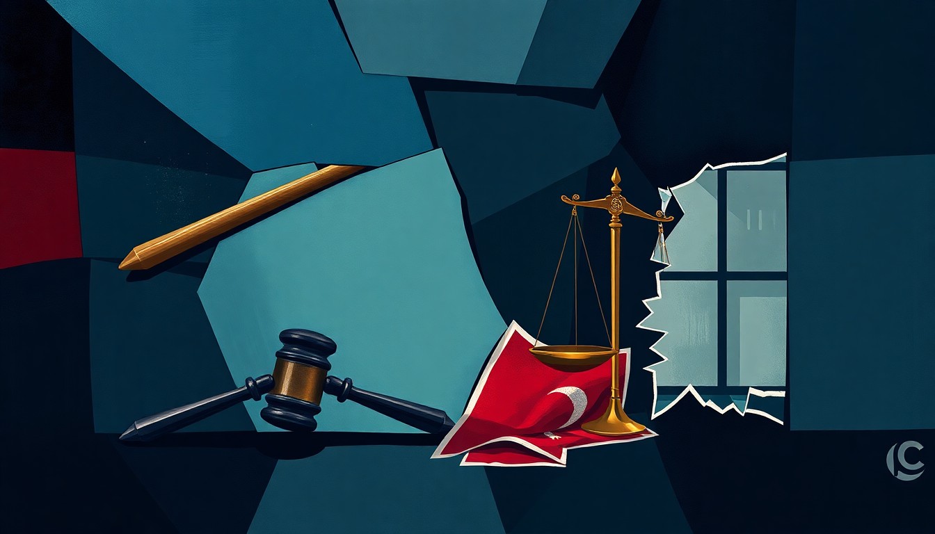 A fractured, abstract painting featuring overlapping geometric shapes and brushstrokes in shades of blue, red, and black, depicting judicial symbols like a gavel and scales of justice, conveying a sense of breakdown and instability in the legal system.