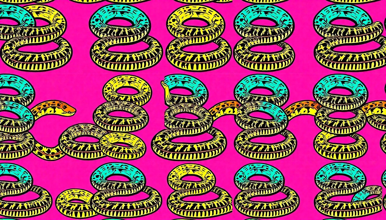 A high-contrast, silkscreen-style illustration of a coiled rattlesnake repeated in a grid pattern, using vibrant neon colors and heavy black outlines to create a modern pop art interpretation of the traditional rattlesnake imagery associated with the Opp Rattlesnake Rodeo.