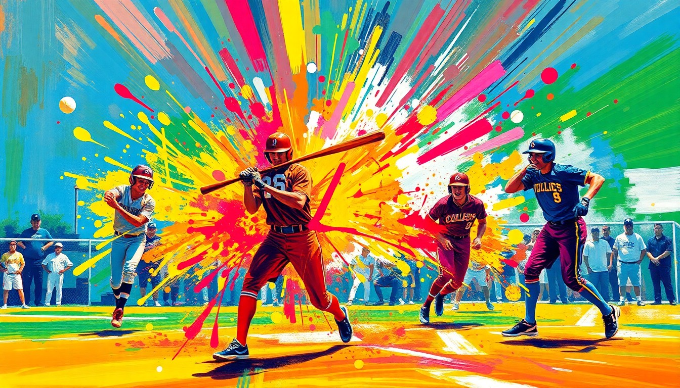 An abstract, expressionist painting in vibrant neon colors, capturing the dynamic motion and energy of a college softball game, with players' figures dissolving into bold, textured brushstrokes.