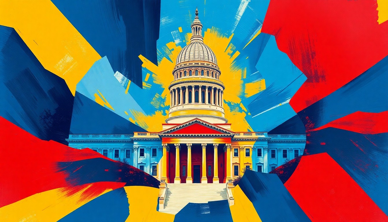 A vibrant, abstract painting featuring the Utah state capitol building in a fractured, overlapping style, with bold strokes of blue, red, and yellow conveying the dynamic political shifts taking place in the state.