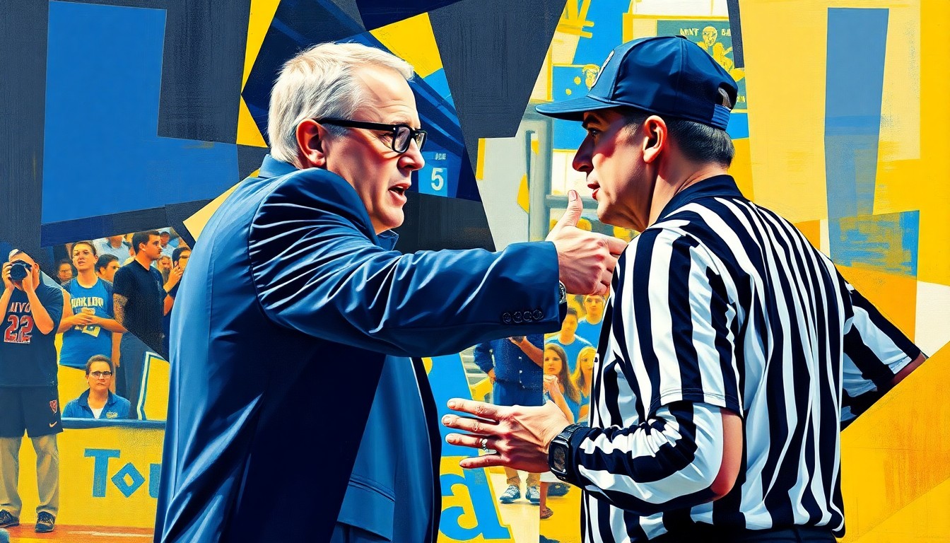 A fractured, multi-perspective painting in bold colors, breaking down a heated exchange between a basketball coach and referee into sharp, overlapping geometric shapes and planes.