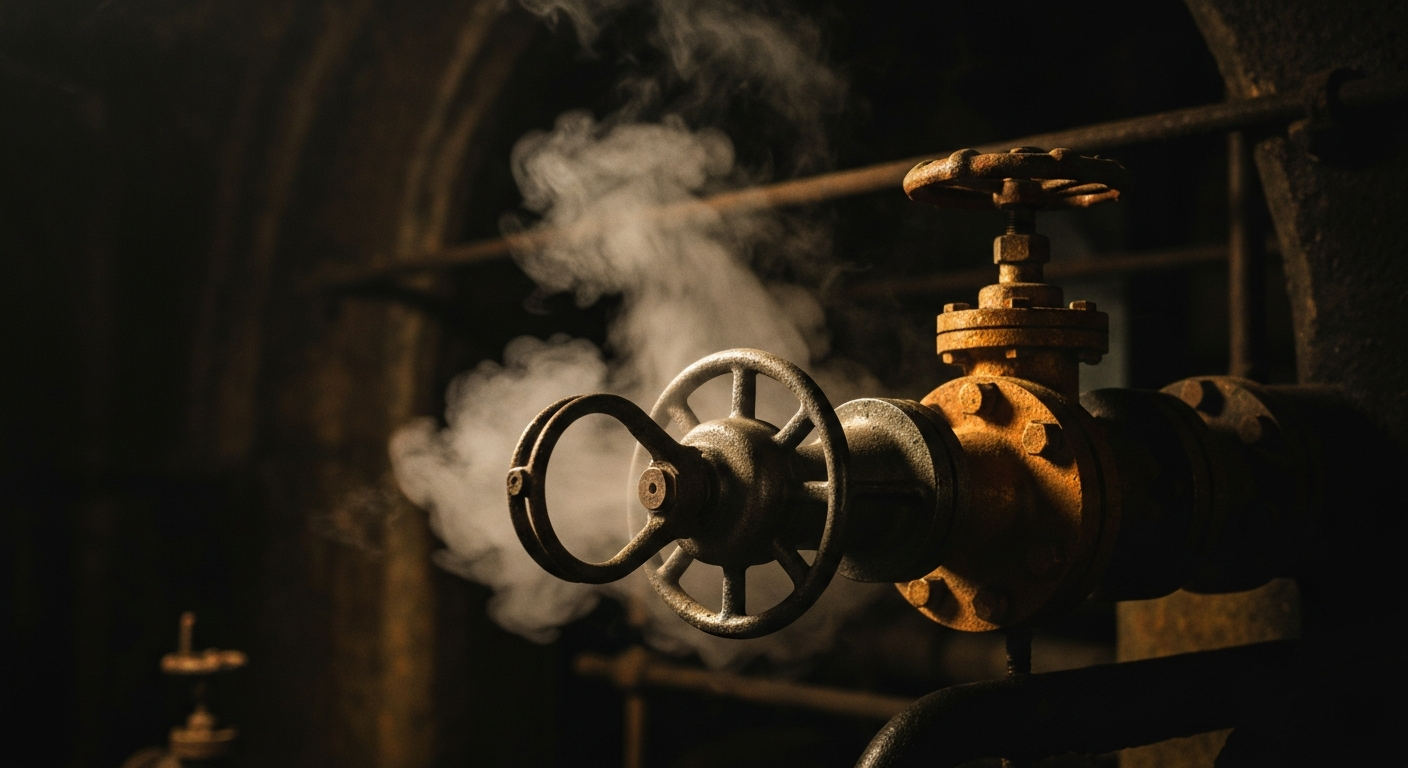 An extreme close-up of intricate, metal industrial machinery and equipment, representing the complex financial and energy systems impacted by the war's effects on global oil markets.