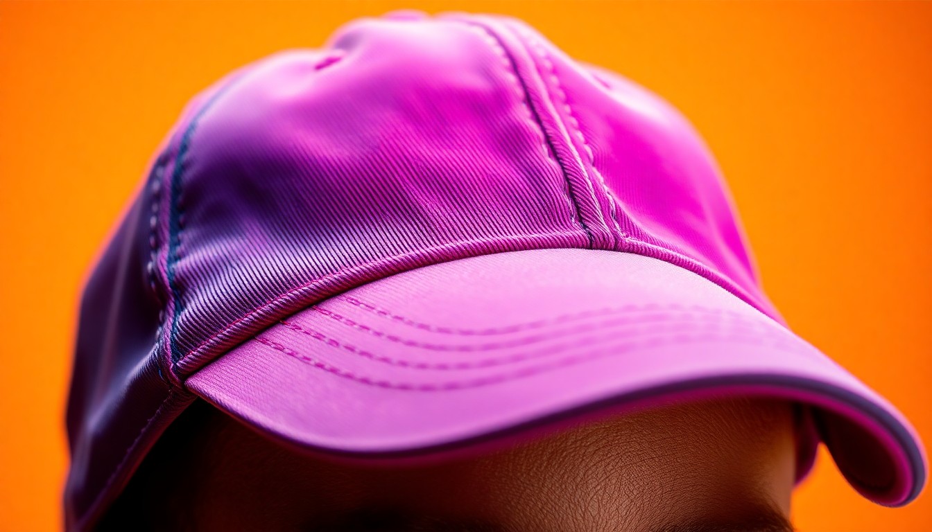 An extreme close-up photograph of a textured, brightly colored baseball cap, capturing the high-fashion glamour and attention to material detail in the style of photographer Irving Penn.