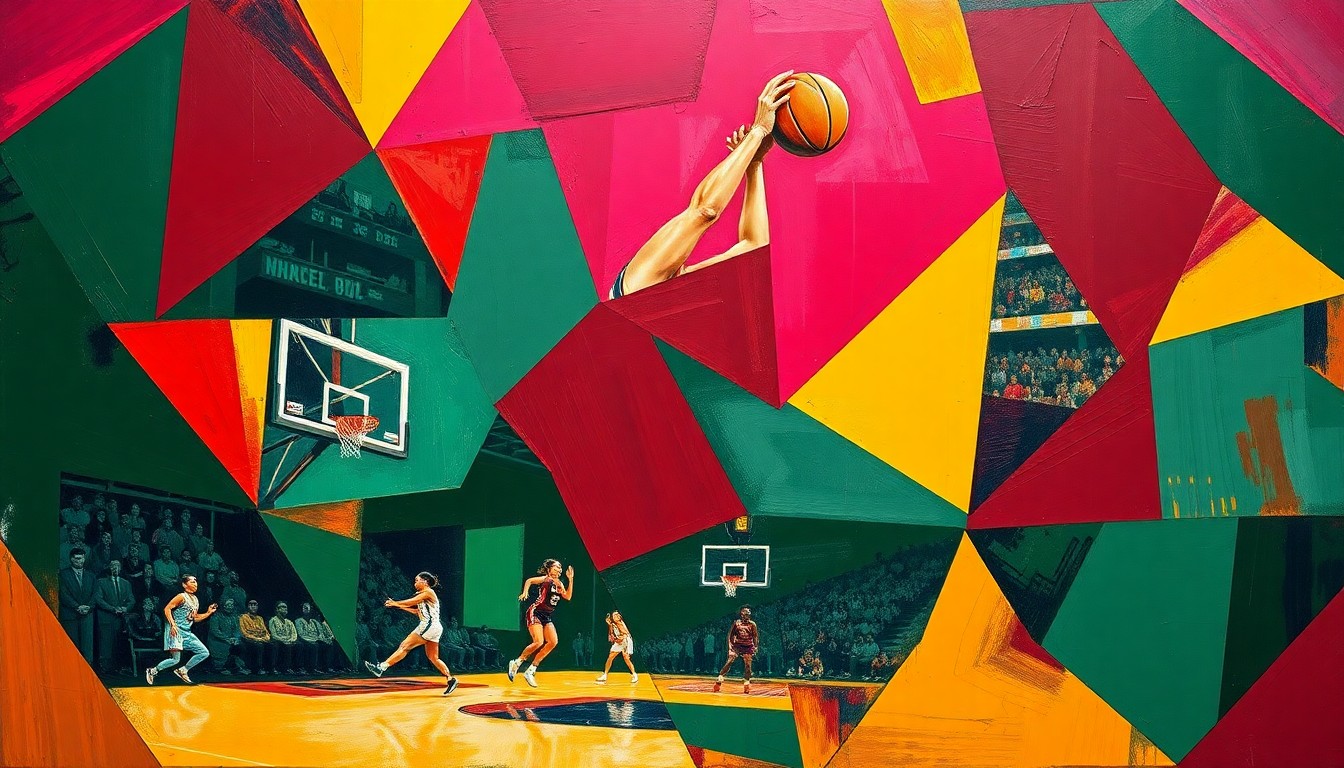 A cubist, geometric painting depicting a fragmented women's basketball game, with overlapping planes of burgundy, green, and yellow, conveying the energy and excitement of the sport.