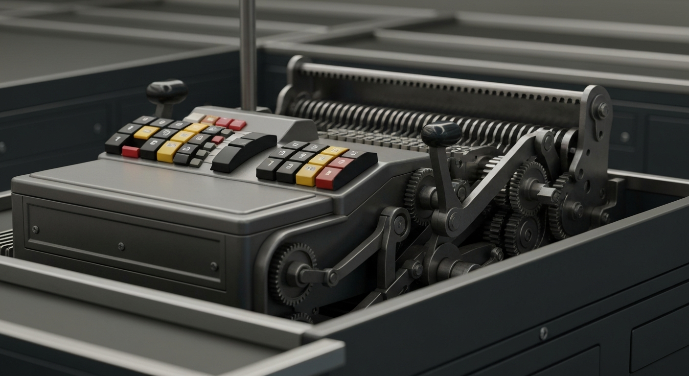 An extreme close-up of the complex, metallic components of a large commercial cash register or checkout counter, conveying the industrial might and institutional scale of a major retail corporation without using any text or symbols.