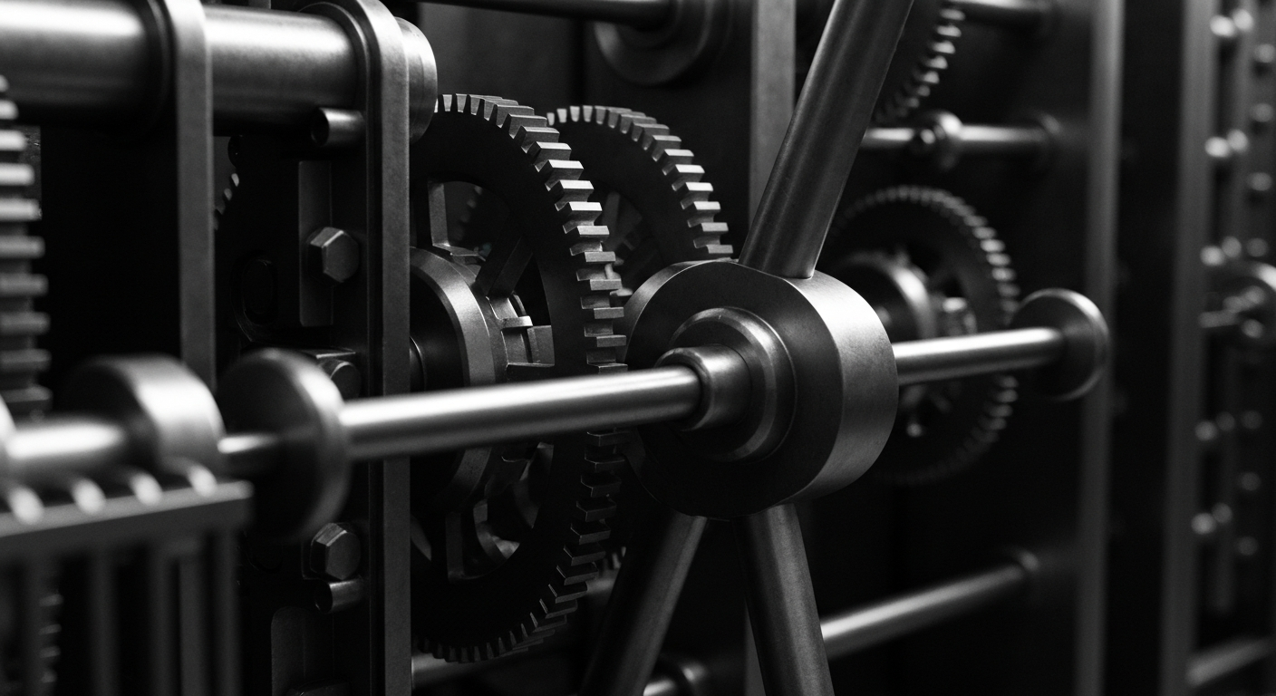 A high-contrast, close-up image of the inner workings of a large, industrial banking vault, conveying the idea of the complex financial systems and institutions that underpin the social media industry.