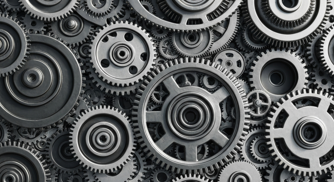 An extreme close-up of interlocking gears, cogs, and mechanical components in a muted palette of greys, blacks, and silvers, representing the complex financial infrastructure and institutional investment powering the growth of e-commerce giants.