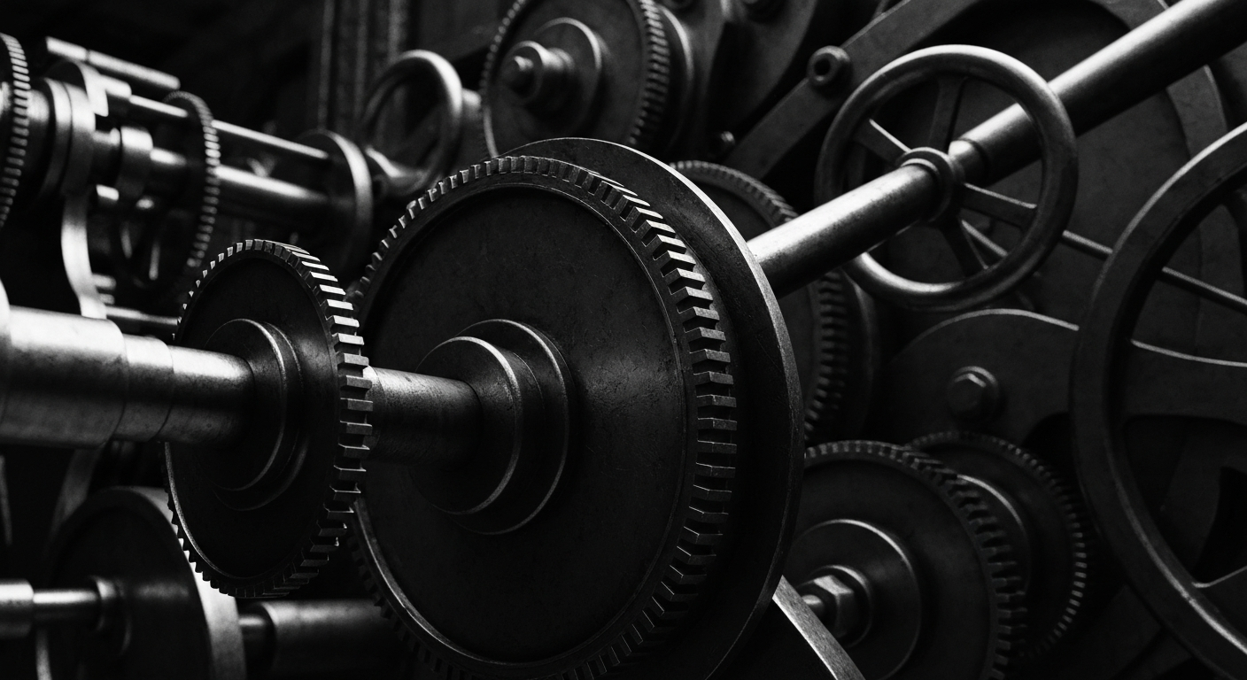 A cinematic, high-contrast close-up view of heavy, intricate banking and finance machinery, conveying a sense of the powerful, secure, and complex inner workings of the financial world without using literal currency or charts.