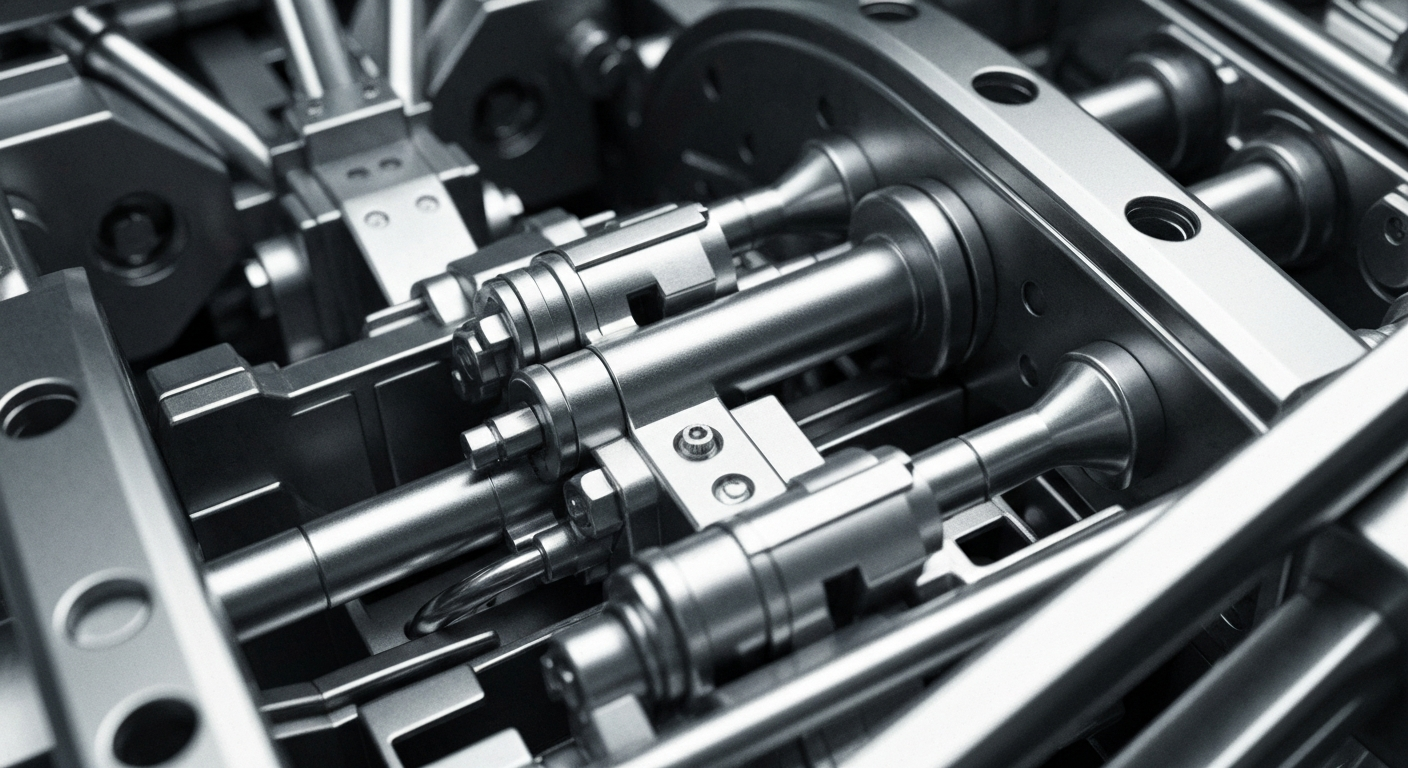 An extreme close-up of complex, metallic Hasbro toy manufacturing machinery, conveying the company's industrial production capabilities as a financial investment.