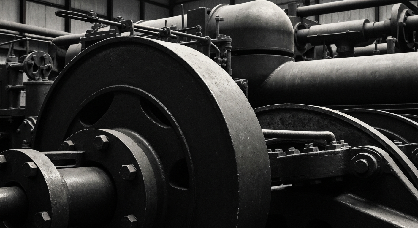 An extreme close-up of heavy, textured industrial machinery and equipment, conveying the physical, mechanical nature of DXP Enterprises' distribution business without using any literal financial symbols or charts.