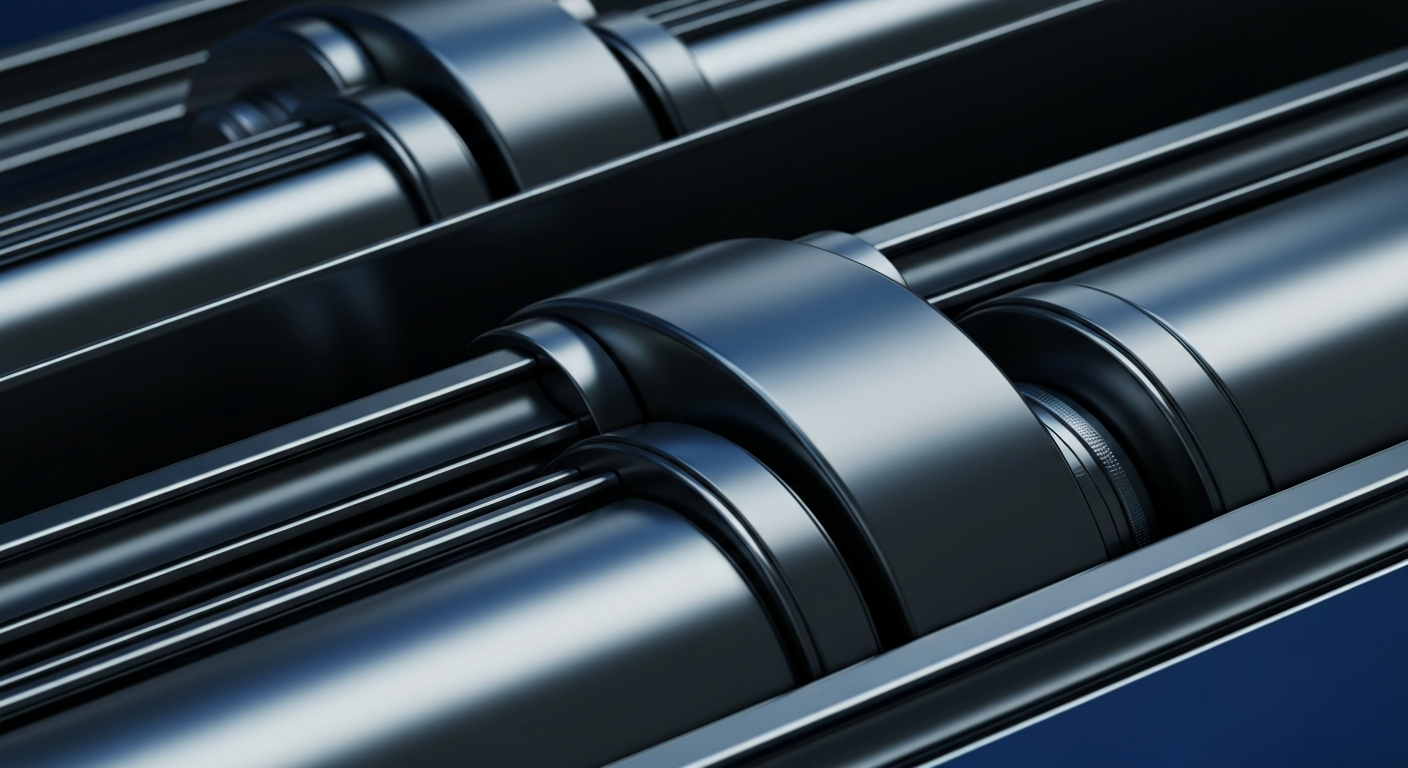 An extreme close-up of gleaming, industrial banking equipment and mechanisms, conveying a sense of institutional financial power and security without using any literal currency or financial symbols.