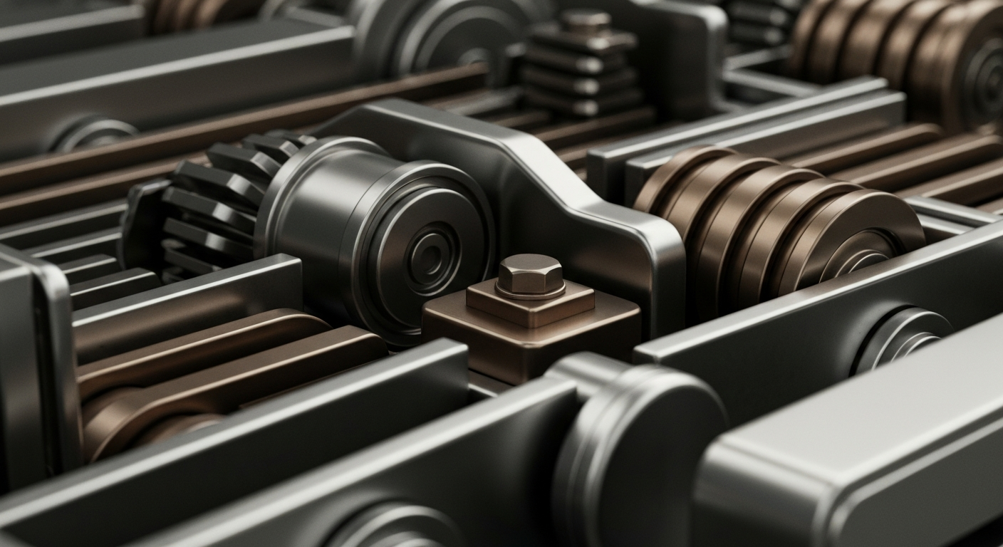 An extreme close-up of intricate, industrial banking machinery and mechanisms in shades of steel grey, bronze, and chrome, conveying a sense of institutional financial security and stored wealth.