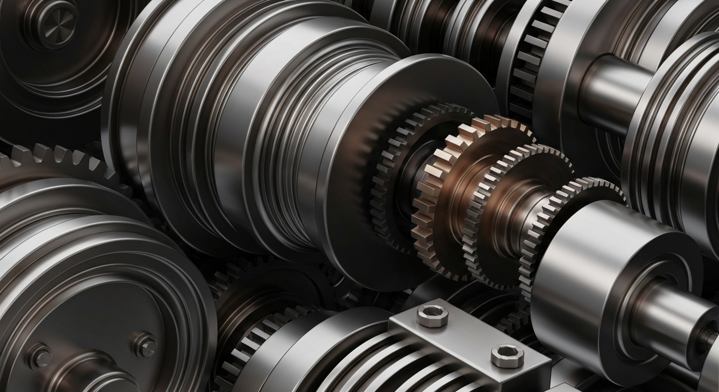 An extreme close-up of intricate, metallic banking machinery and gears, conveying a sense of institutional financial power and security.