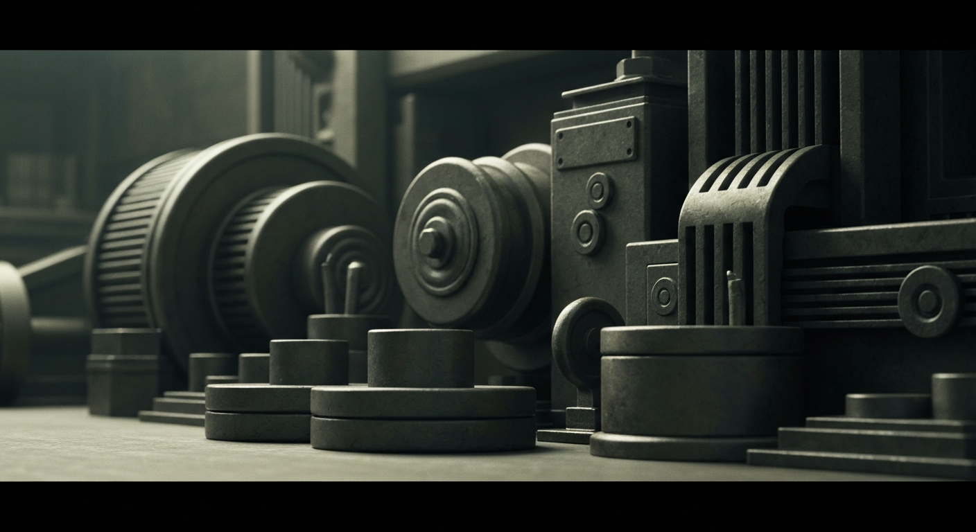 An extreme close-up of various metal gears, levers, and other industrial financial machinery, conveying the intricate workings of the banking and investment industry.