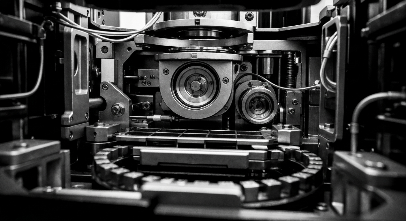 A highly detailed, black-and-white close-up image of the complex internal components and mechanisms of a medical diagnostic device, conveying a sense of the technical sophistication and precision of Hologic's product design.