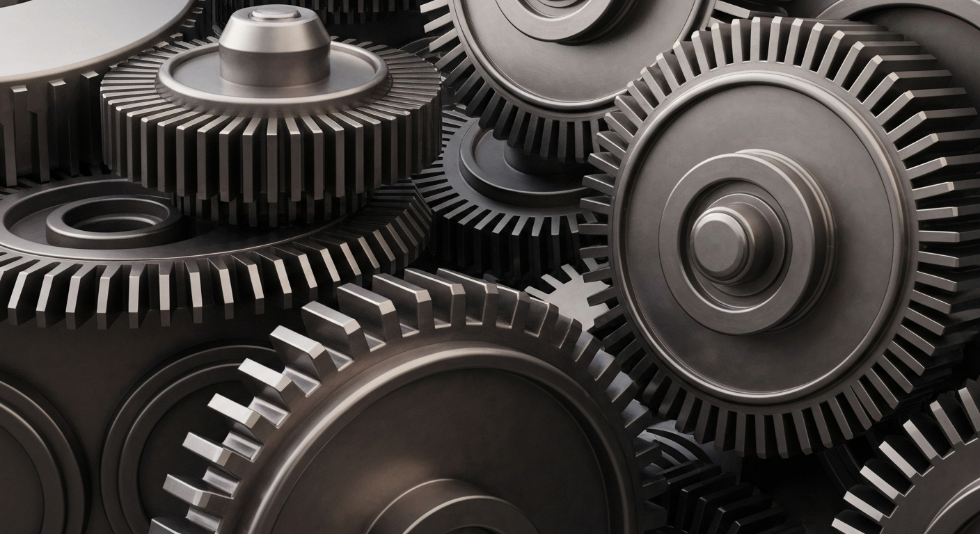 A highly detailed, textured close-up image of heavy metal gears, pulleys, and other industrial machinery in shades of grey, bronze, and black, conveying the intricate financial infrastructure underlying the precious metals industry.