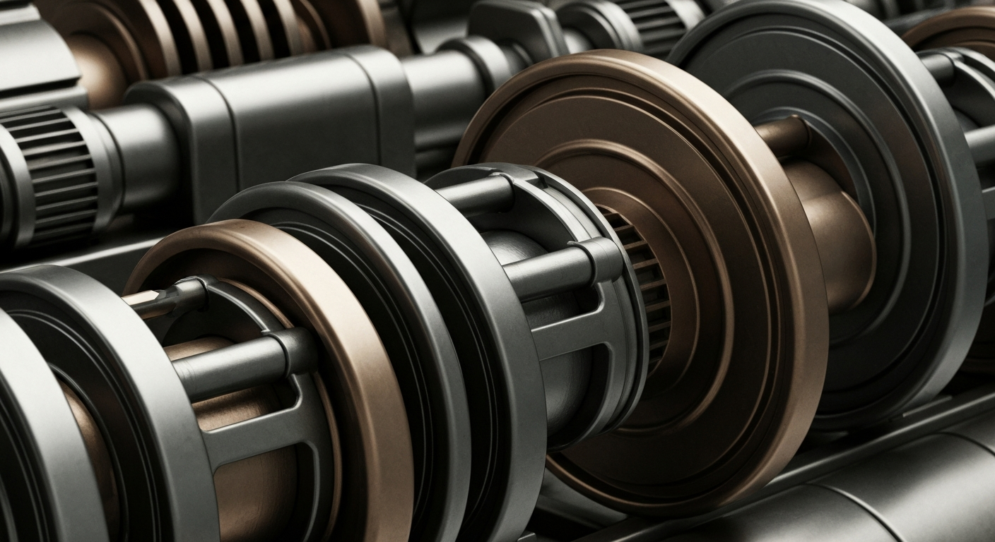 An extreme close-up of heavy, industrial banking equipment and mechanics in shades of steel, bronze, and chrome, conveying a sense of institutional financial power and security without using literal currency or charts.