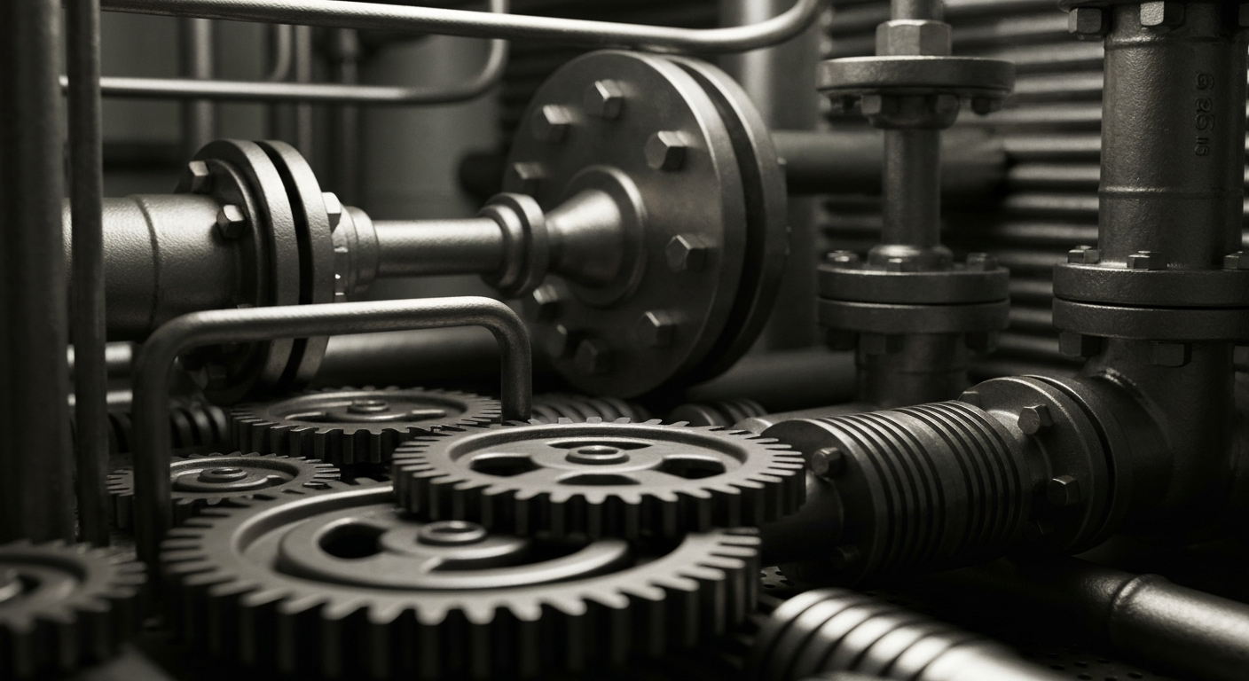 An extreme close-up photograph of a complex network of industrial gears, pipes, and valves, representing the intricate financial and operational machinery of the pharmaceutical industry.