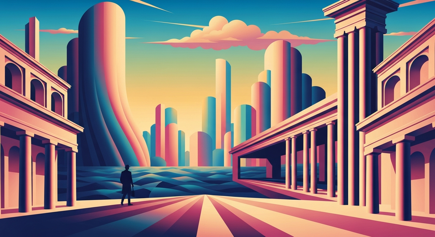 A highly stylized, geometric illustration depicting a sweeping, streamlined landscape of towering architecture and transportation infrastructure, conveying the grand scale and romance of travel in an abstract, conceptual manner.