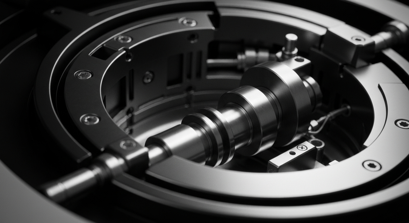 A high-contrast, close-up image of the intricate mechanical components and engineering inside an AngioDynamics medical device, conveying a sense of the company's technological sophistication and manufacturing expertise.