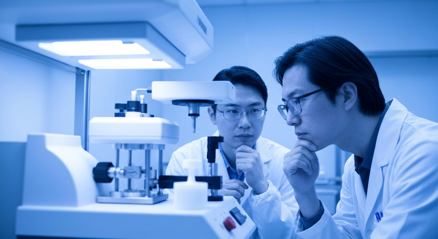 An extreme close-up of complex genetic testing equipment and instruments, conveying the technical complexity and high-stakes nature of the industry.