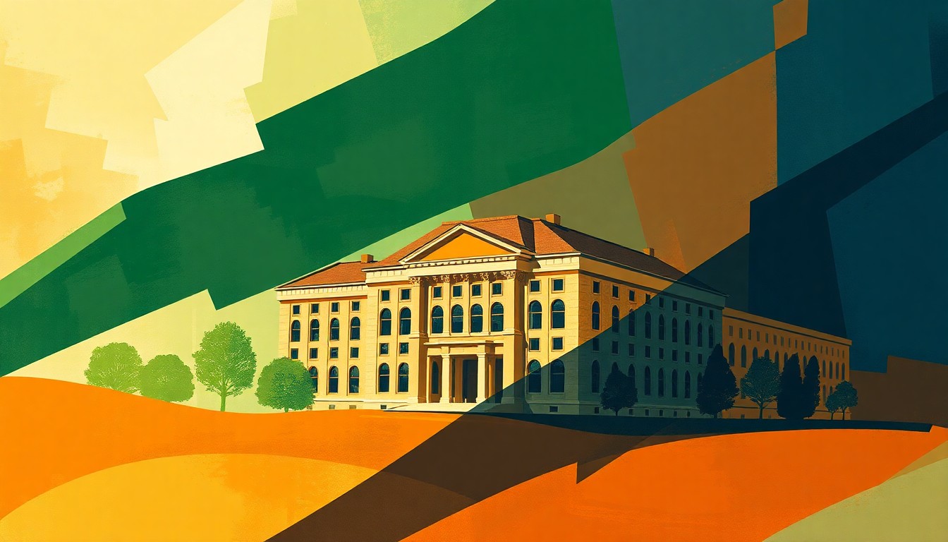 An abstract, fragmented painting featuring overlapping geometric shapes in earthy green, orange, and blue tones, conveying a sense of motion and change around a university campus building.