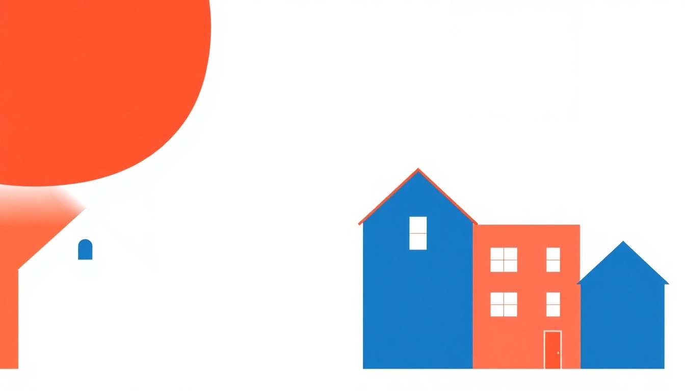 A minimalist illustration using bold geometric shapes and primary colors to conceptually represent property taxes as an essential revenue source for local governments.