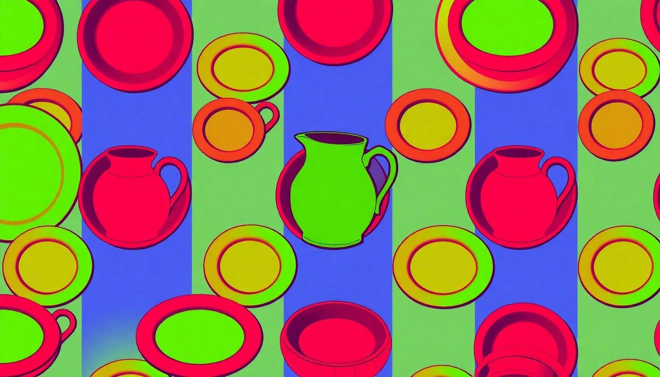 A high-contrast, silkscreen-style illustration of a Mexican ceramic plate or pitcher repeated in a grid pattern, using bold, neon-like colors and heavy black outlines to transform an everyday dining object into a modern pop art piece.