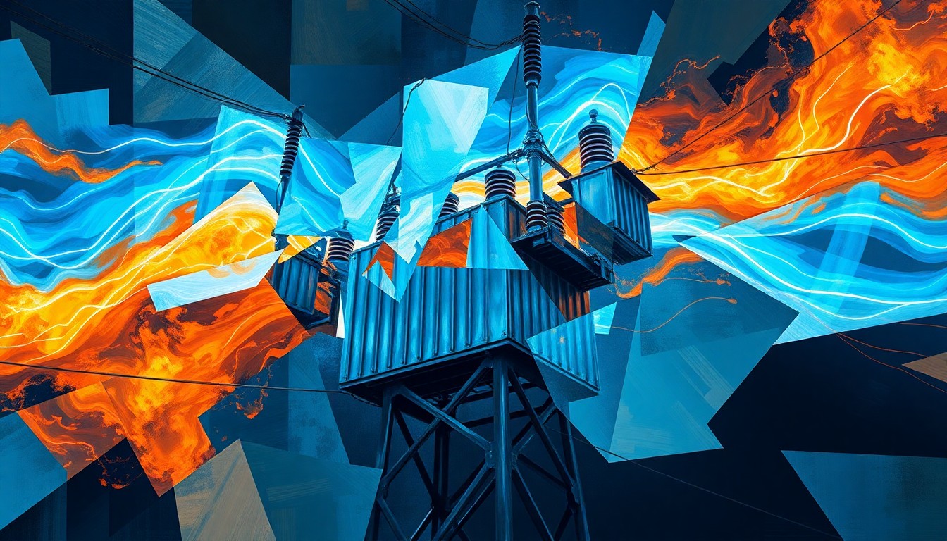A vibrant, abstract painting depicting the dynamic movement and energy of an electrical power grid, with overlapping geometric shapes and waves of electric blue, neon orange, and metallic silver colors, conceptually representing the ongoing debate over utility costs and green energy policies.