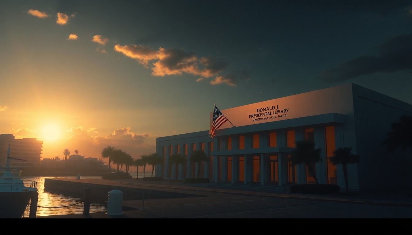 A photorealistic painting of a multi-story building with giant American flags on the facade, set against a backdrop of palm trees and a waterfront. The building is bathed in warm, diagonal sunlight and deep shadows, creating a cinematic, nostalgic atmosphere.