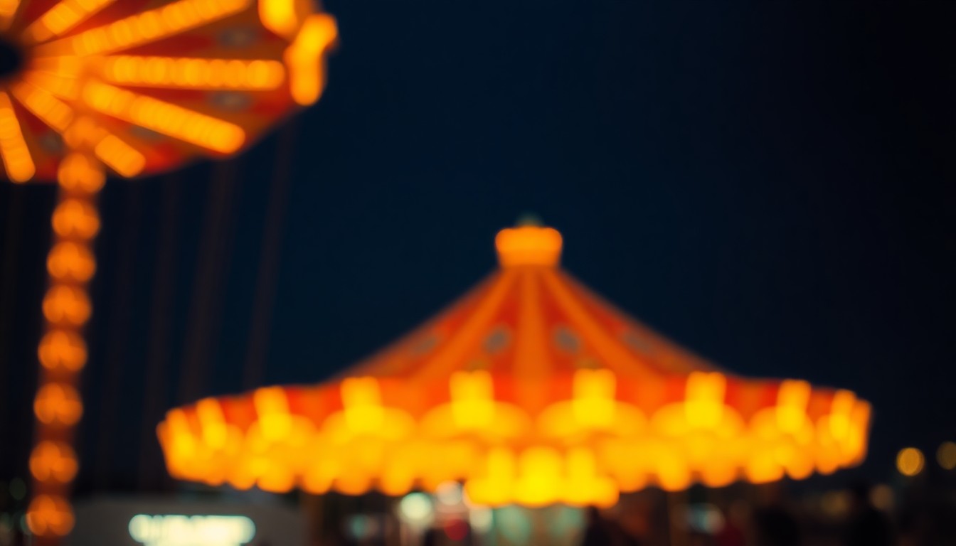 An abstract, impressionistic photograph of a carnival ride at night, with blurred lights and colors creating a hazy, dreamlike atmosphere that evokes the unsettling experience of being trapped on a malfunctioning amusement park attraction.