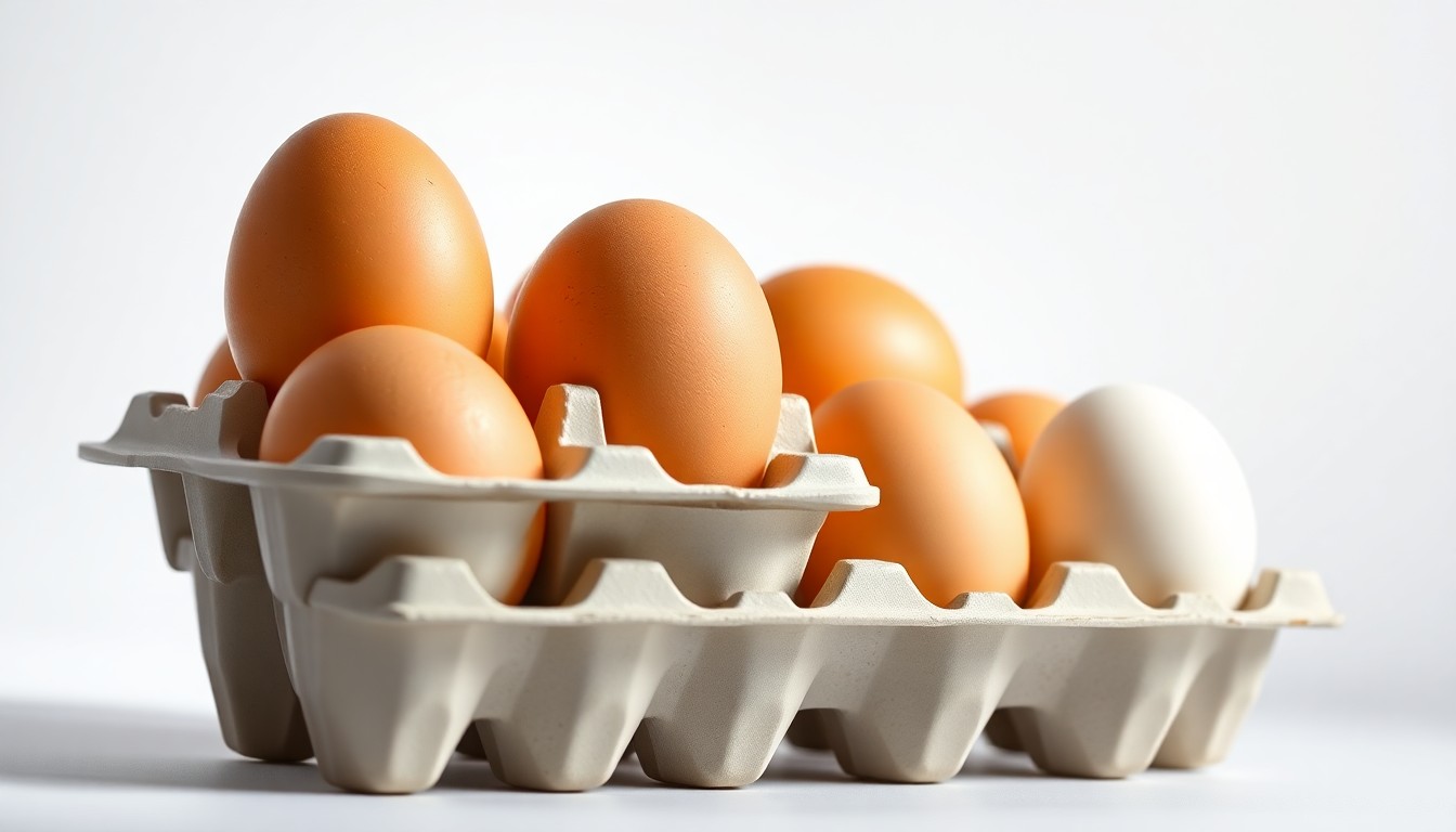 A close-up photograph of a carton of pristine, farm-fresh eggs resting on a clean, white surface, conveying the high quality and care behind the agricultural products that have become an integral part of the White House's annual Easter Egg Roll tradition.