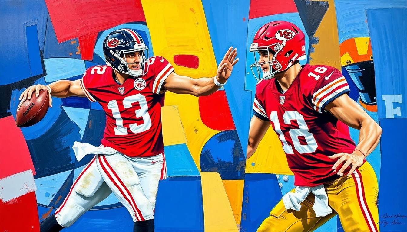 A fragmented, geometric painting depicting the overlapping movements and perspectives of two football players, conceptually representing the Chiefs' efforts to blend the talents of Patrick Mahomes and Justin Fields in their offense.