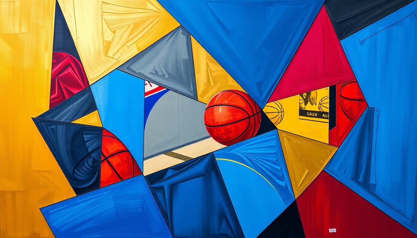 A cubist, geometric painting depicting a basketball game or match, with sharp, overlapping planes of color representing the dynamic action on the court.