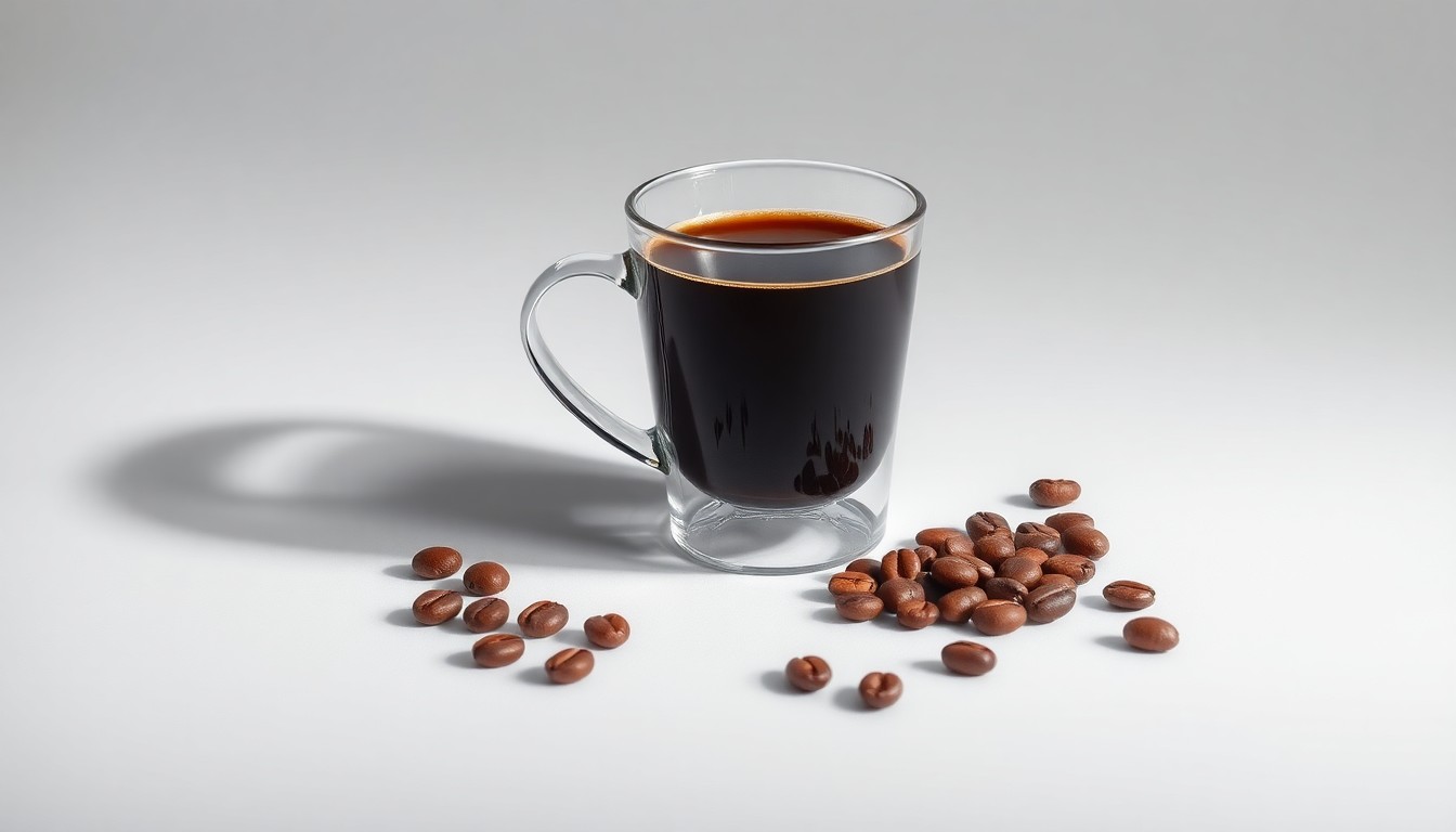 A high-end, photorealistic studio still-life photograph featuring a sleek, modern coffee cup, a freshly brewed espresso, and a few coffee beans artfully arranged on a clean, monochromatic background, conceptually representing the refined, premium experience of the new 7 Brew Coffee location.