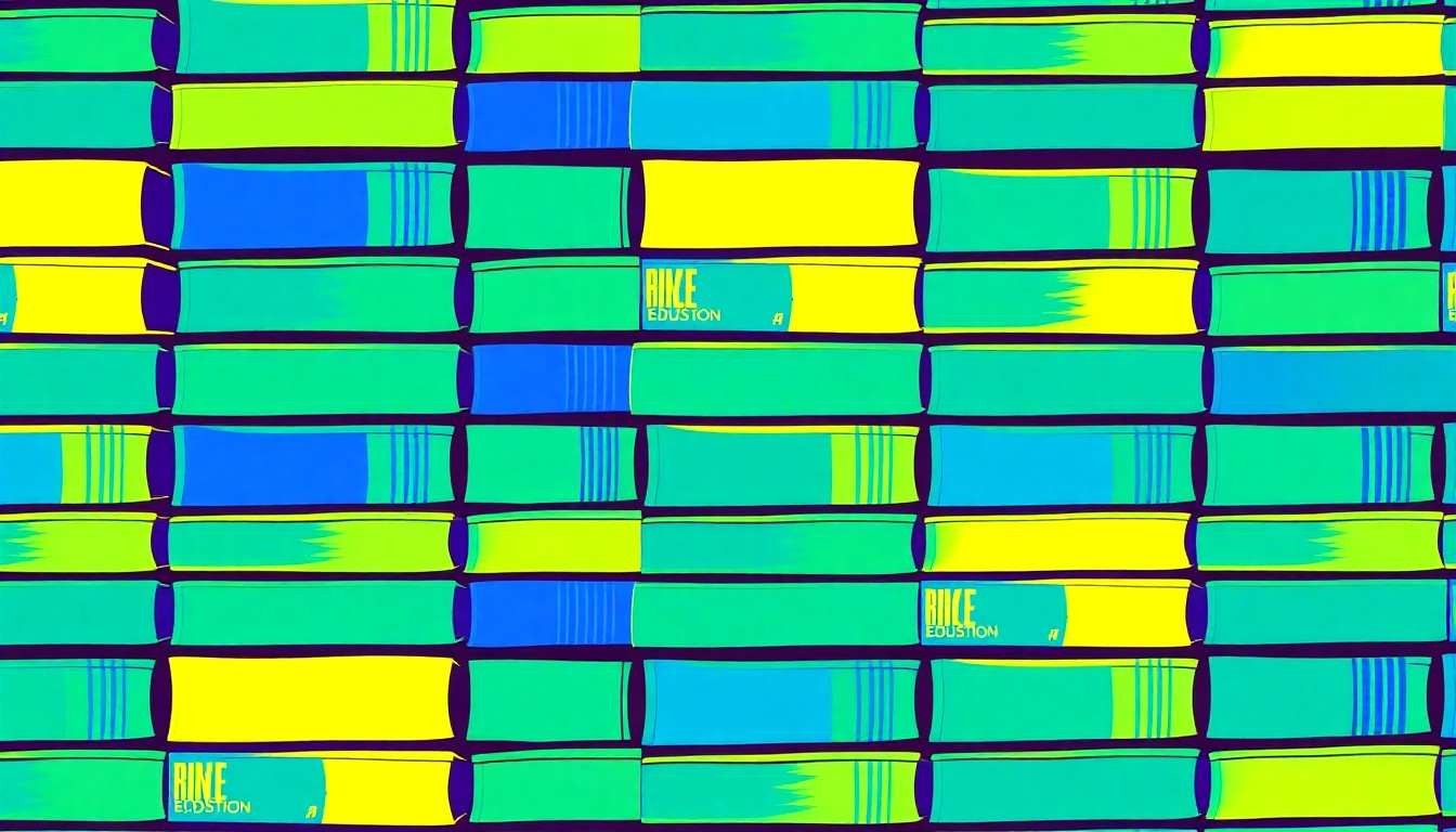 A brightly colored, high-contrast silkscreen print of a stack of books in vibrant shades of blue, green, and yellow, repeated in a tight grid pattern, conceptually representing the educational expertise and impact of the featured individual.