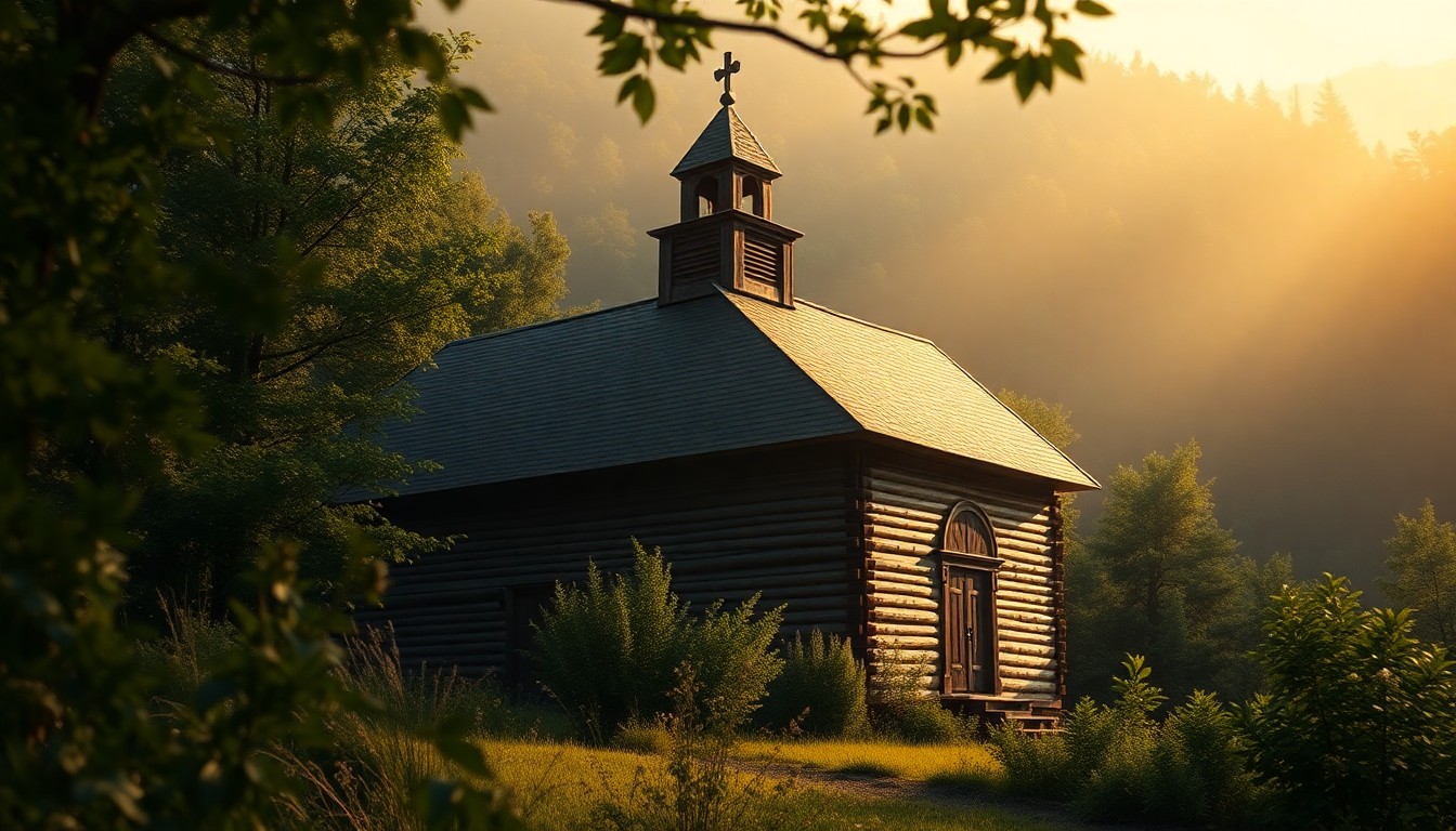 A blurred, dreamlike photograph of an old wooden church nestled in the lush greenery of the North Carolina mountains, with soft pools of warm light illuminating the scene and creating a sense of timeless tranquility.