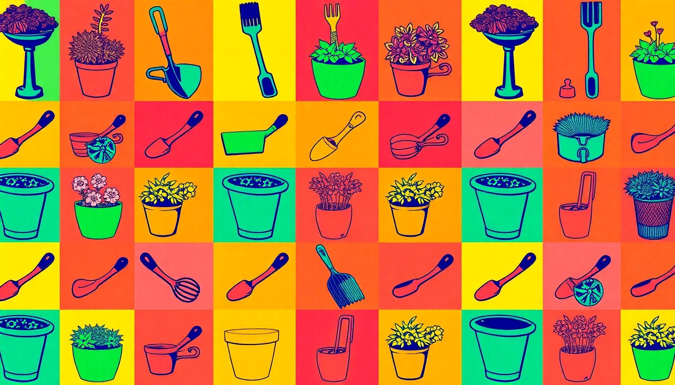 A brightly colored, high-contrast silkscreen print of a garden trowel repeated in a tight grid pattern, conceptually representing the reliable and efficient landscaping services provided by J&H Landscaping.