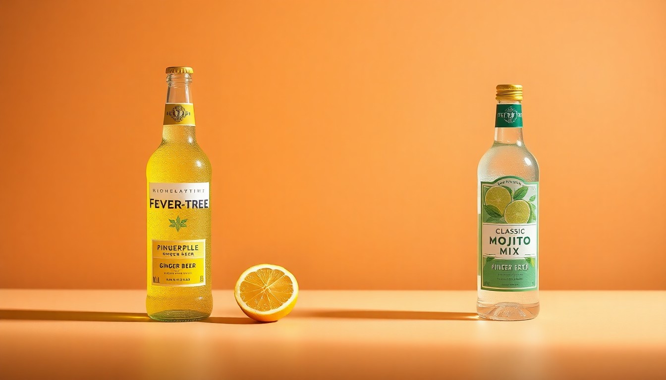 A photorealistic studio still-life photograph featuring two glass bottles of Fever-Tree mixers - one Pineapple Ginger Beer and one Classic Mojito Mix - arranged elegantly on a clean, monochromatic background, using dramatic lighting to highlight the premium, elevated nature of these tropical-inspired products.