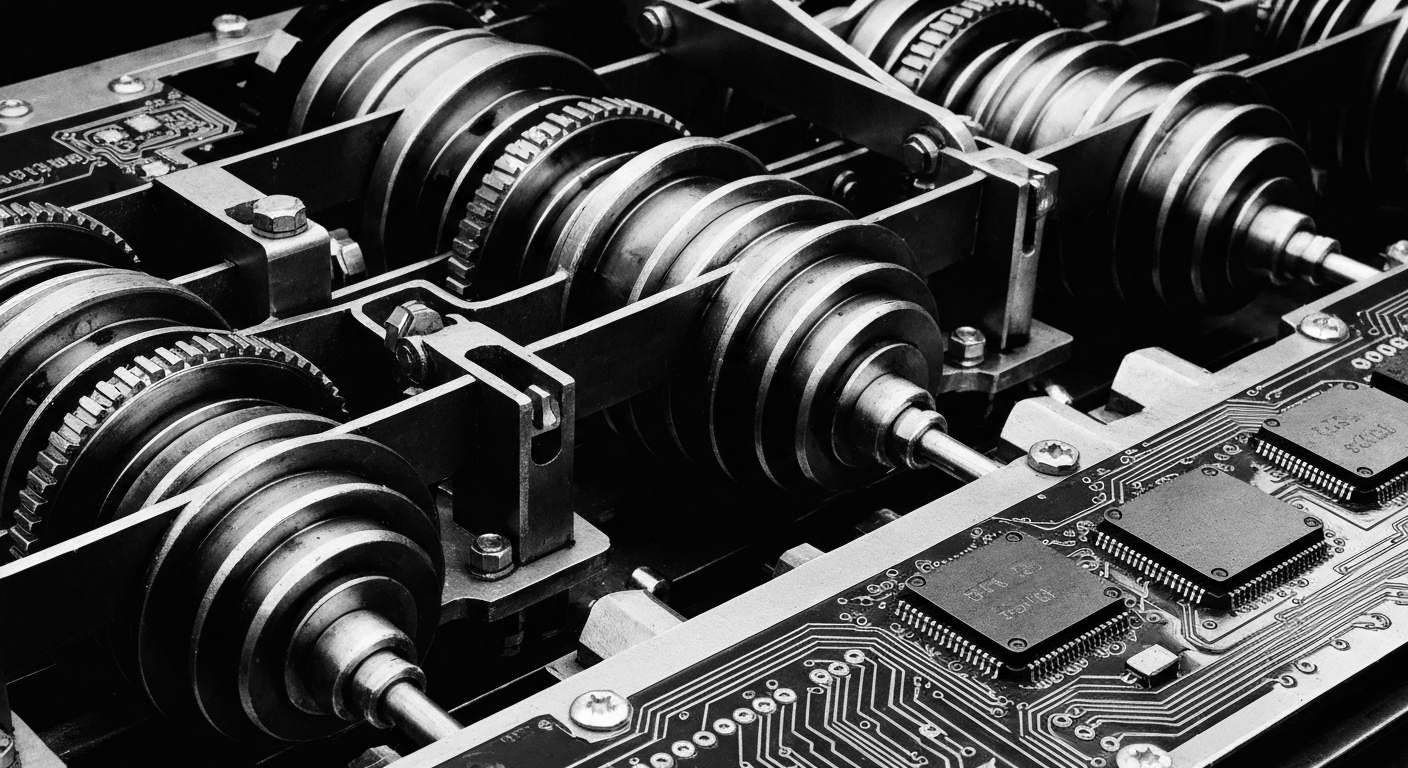 A high-contrast black and white close-up image of the intricate mechanical components that make up a complex financial system, conveying the idea of the intricate machinery that powers the markets and the economy.