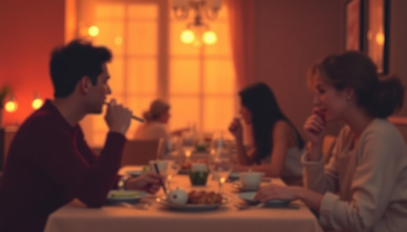 An extremely abstracted, out-of-focus photograph in soft pools of warm color and light, depicting a blurred scene of people enjoying a meal together in a cozy, intimate setting.
