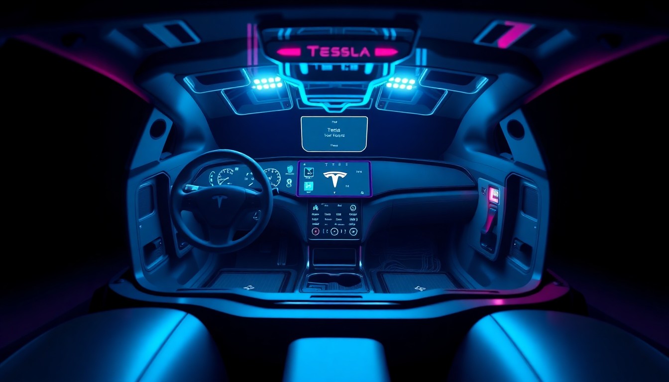 A highly detailed 3D illustration of the internal components and sensors of a Tesla robotaxi, glowing with neon cyan and magenta lights, conveying the technological complexity and human oversight involved in autonomous driving.
