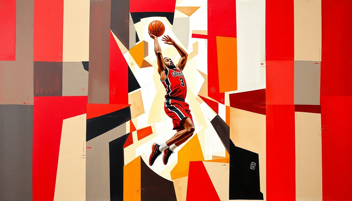 A fragmented, geometric painting depicting a college basketball player in motion, with sharp planes of red, black, and white colors representing the Georgia Bulldogs' uniform.